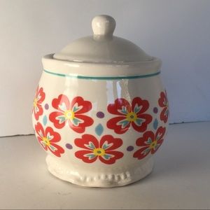 Pioneer Woman Sugar Bowl With Lid Red Flowers Farmhouse Vintage Style Ceramic